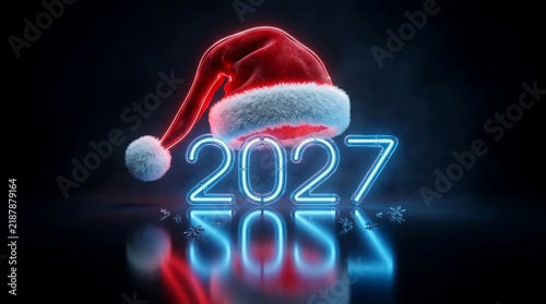 A vibrant red Santa hat sits atop glowing neon blue numbers representing the year twenty twenty seven to celebrate the upcoming festive winter holiday season with bright and joyful merry energy