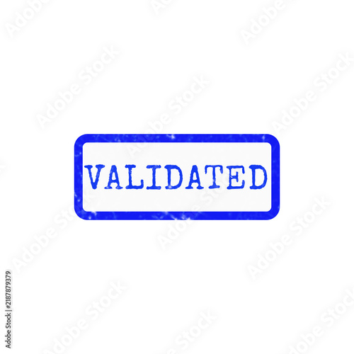 A blue rubber stamp impression with the word Validated in a rectangular frame, featuring a distressed ink texture for professional documentation