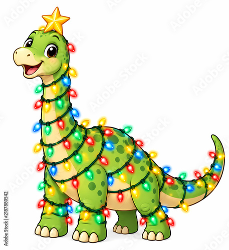 Cute Christmas Brachiosaurus Wrapped in Colorful Holiday Lights with Golden Star