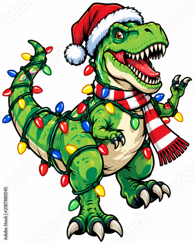 Cute Christmas T Rex Dinosaur Wearing Santa Hat and Scarf Wrapped in Colorful Holiday Lights