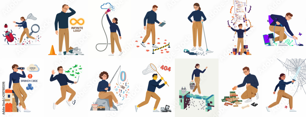 Obraz premium Collection of flat vector illustrations featuring software developers and IT professionals solving technical bugs, managing cloud data, and fixing computer system errors.