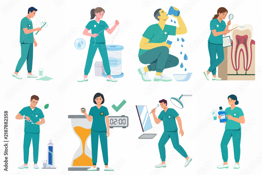 Fototapeta premium Collection of flat illustrations showing dental professionals demonstrating proper oral hygiene practices, including brushing, flossing, rinsing, and regular checkups.