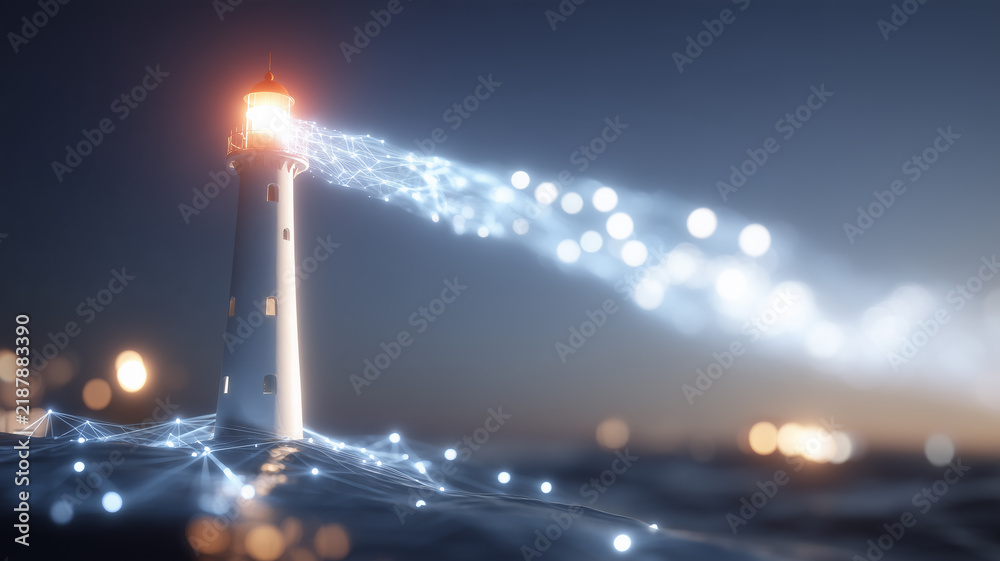 Obraz premium A lighthouse projects a stream of connected light representing digital guidance and intelligent communication networks. 