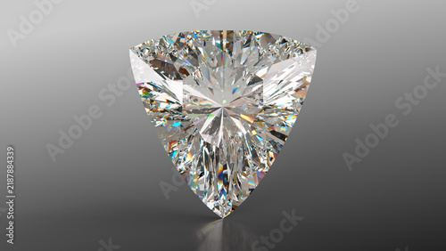 Sparkling curved triangle-cut diamond with brilliant facets and rainbow reflections, isolated on an elegant gray background.