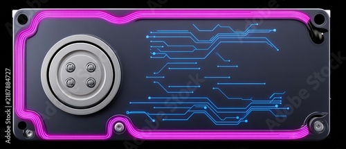 Futuristic circuit board design with neon accents and metallic elements for technology and innovation backgrounds
