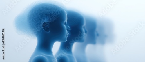 Futuristic digital representation of diverse human silhouettes in soft blue hues for conceptual art and technology themes