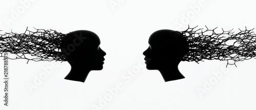 Silhouetted profiles with abstract neural connections representing communication and thought exchange