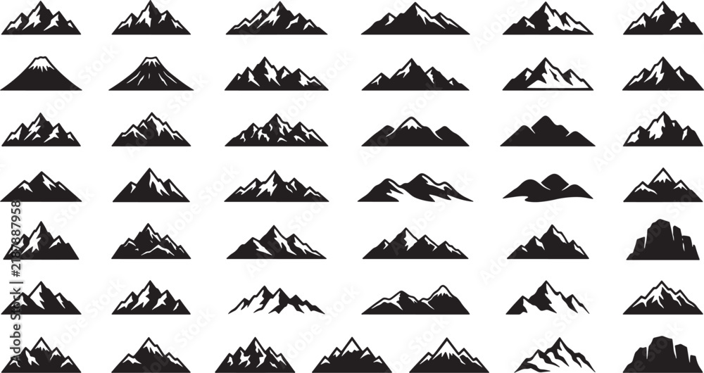 Fototapeta premium Set of black mountain silhouettes for outdoor adventure logos and nature landscape design elements in vector format