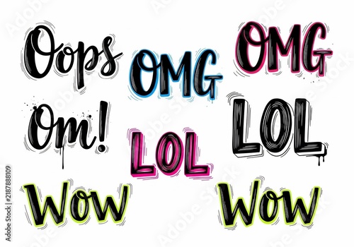 Handwritten Exclamations: Oops, OMG, Om!, LOL, Wow. Vector Text Overlays.