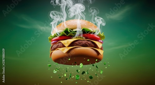 A steaming hot hamburger with cheese and vegetables floating in the air illustration