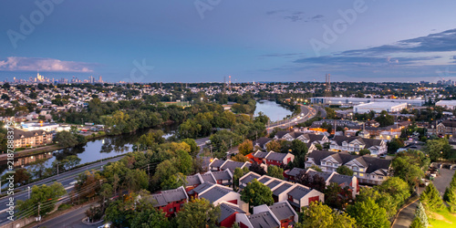 Aerial panorama of Nutley and Lyndhurst New Jersey at evening twilight