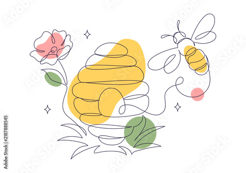 Bee Vector Illustration Featuring Hand Drawn Honeybee, Floral Elements, Flowers, Leaves, Nature, Spring, Pollination, and Botanical Decoration