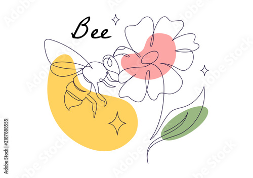 Bee Vector Illustration Featuring Hand Drawn Honeybee, Floral Elements, Flowers, Leaves, Nature, Spring, Pollination, and Botanical Decoration