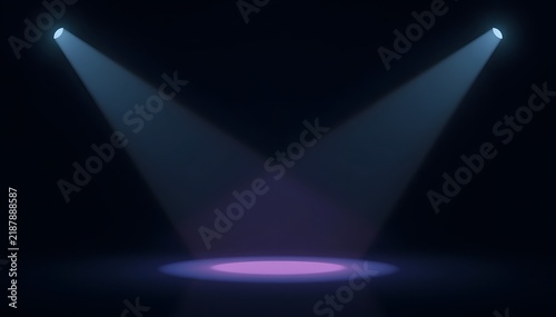 Two crossed blue and purple spotlights hitting a dark stage area.