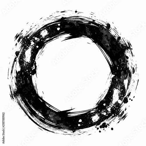 Black ink brush stroke circle with splatter effect on white background.