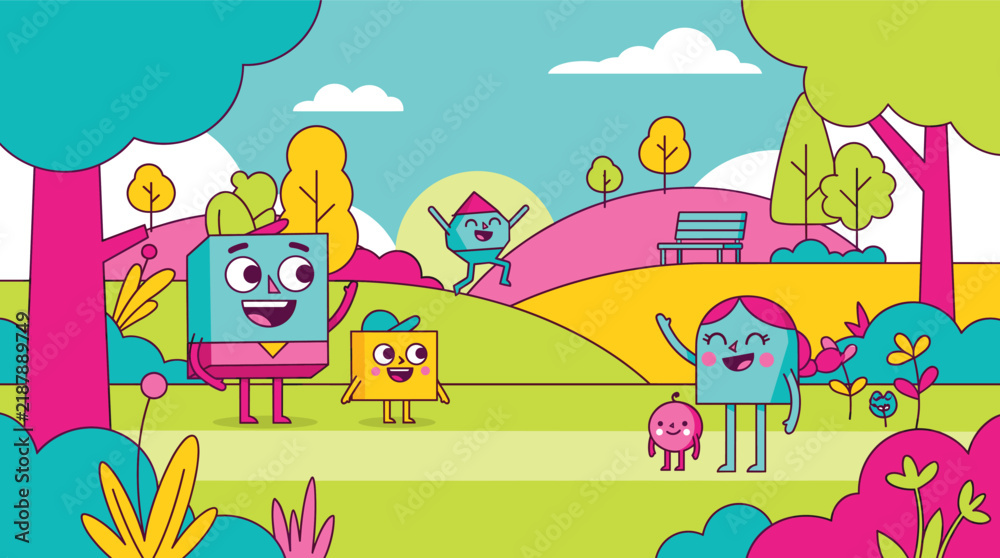 Naklejka premium Cute geometric shape characters playing in a colorful summer park