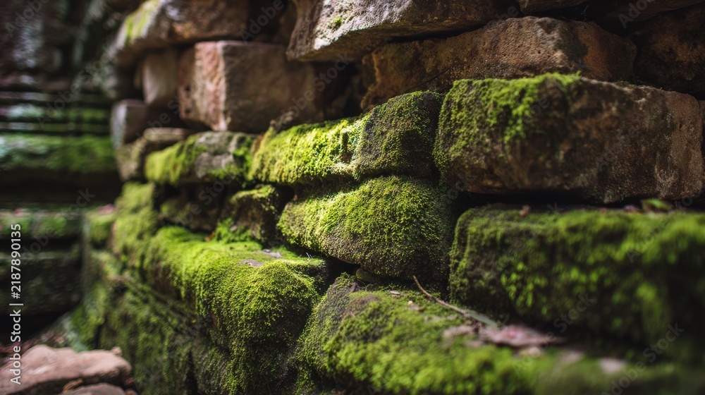 Obraz premium Ancient stone walls inside ta prohm temple with moss covered weathered surfaces and dramatic natural light, historic khmer architecture and cultural heritage in angkor, cambodia