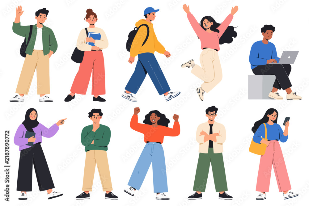 Fototapeta premium Diverse Young People Character Set in Modern Flat Vector Style