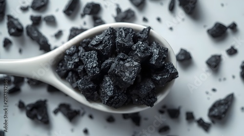 Captivating extreme macro overhead view of dark, coarse volcanic salt crystals elegantly presented in a pristine white ceramic spoon, emphasizing texture and culinary potential for gourmet dishes