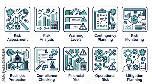 Risk management vector graphic set showing various business analysis concepts in modern flat blue icon style