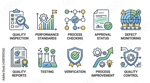Quality assurance vector illustration set showing diverse business icons for professional industrial workflow optimization control systems