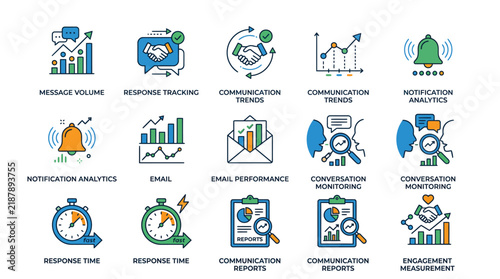 Colorful business communication icon set displaying analytical data charts and progress indicators for professional digital projects