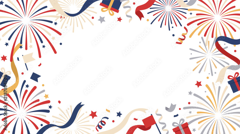 Obraz premium Vibrant national celebration frame with festive fireworks and ribbons, providing ample copy space on a bright background.