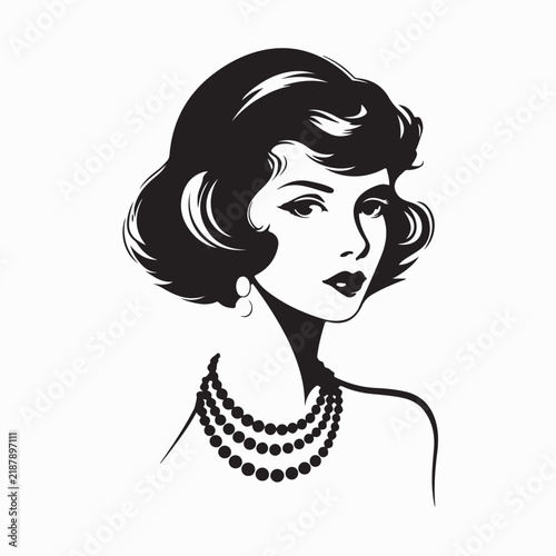 Stylish Elegant Woman Wearing Pearl Jewelry Vintage Fashion Vector Illustration