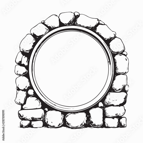 Round Decorative Mirror on Rustic Stone Wall Image Vector On White Background
