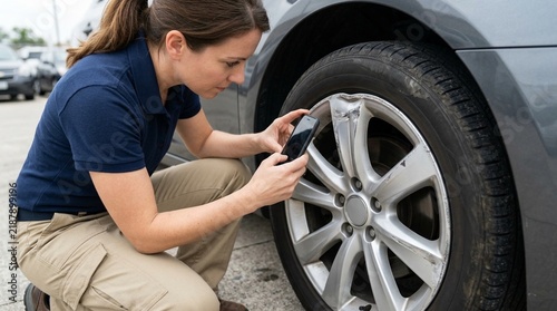 Claims Adjuster Photographing Dented Wheel Rim Damage