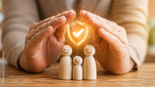 Hands protecting wooden figurine family with glowing shield icon representing insurance and financial security.