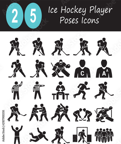 Photography Ice Hockey Player Poses Icons Set, Black Silhouette Collection of Hockey Players, Goalkeeper, Referees, Coach, Team, Stick, Puck, Actions, Positions and Sports Game Symbols