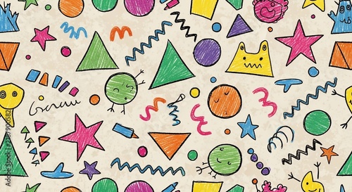 Playful hand-drawn shapes, colorful doodles, abstract pattern, geometric elements, kid's drawing, whimsical design, simple illustrations, fun backdrop