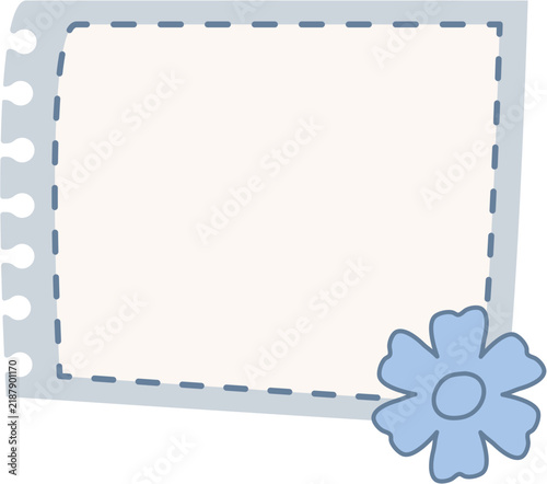 Cute blue binder paper sticky note frame with hole punch edges, dashed border design, and a blue flower decoration at the corner.