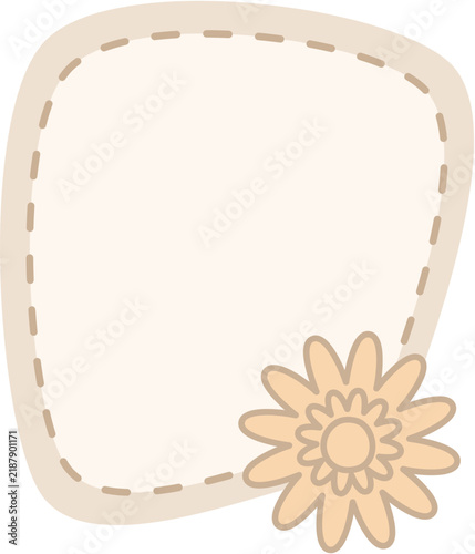 Aesthetic cream oval-shaped sticky note illustration featuring a dashed line border and a beige flower decoration in the bottom right corner.