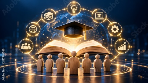 Global digital education and learning success concept with glowing book, graduation cap, and wooden figures on futuristic background.