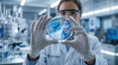 Female scientist examining glowing DNA helix structure in petri dish within modern laboratory setting, biotechnology research and genetic engineering concept with blue light