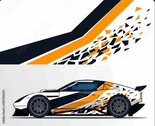 Sports car racing livery design with orange and black particles