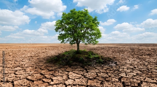 Lone tree survives amidst cracked barren earth representing climate change impact