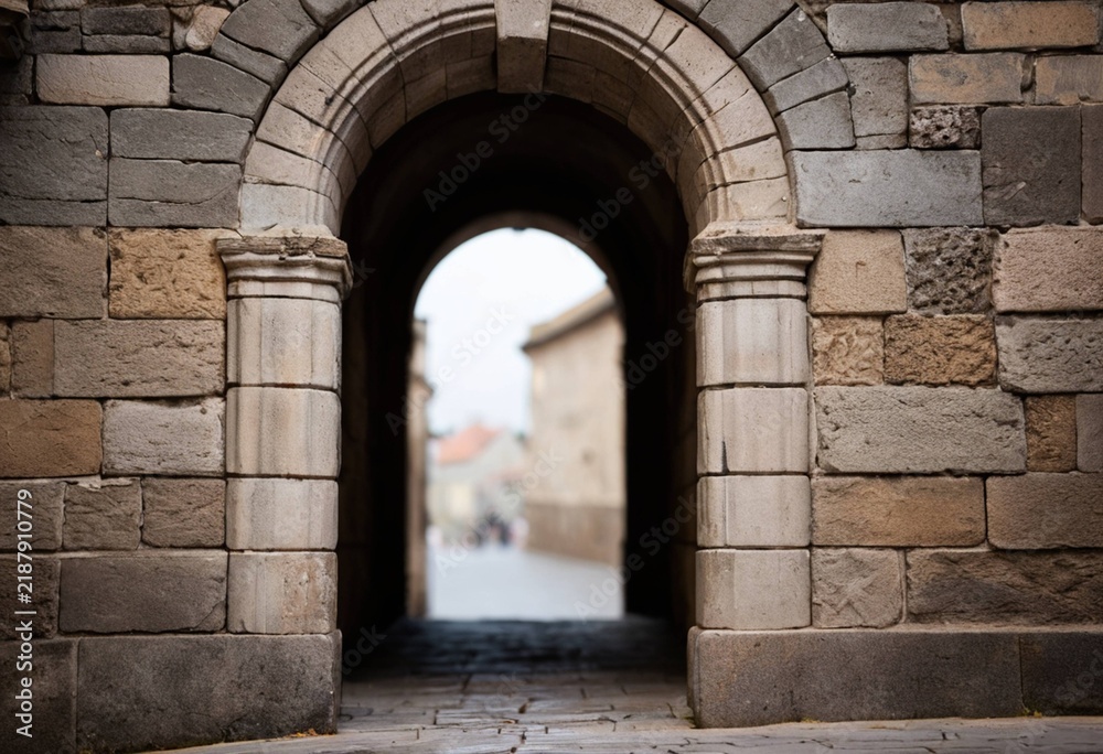 Fototapeta premium Ancient Stone Archway Entrance Leading to a Blurred Town Scene
