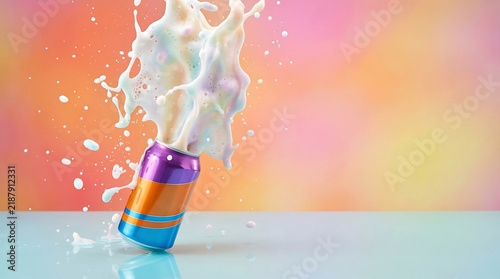A dynamic splash erupting from a vibrant, colorful beverage can in a studio setting, creating an inspirational visual perfect for advertising campaigns designed 