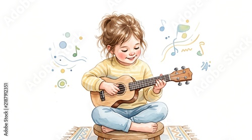 Watercolor painting of a cute little girl playing a small guitar