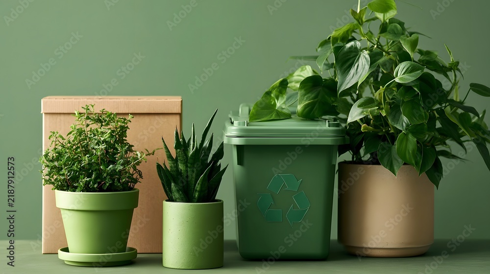 Obraz premium Green plants and recycling bin arranged on a surface with a plain green background promoting eco friendly living