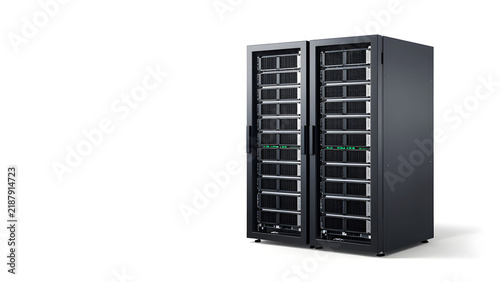 Modern black server rack cabinets for data center infrastructure isolated on white background.