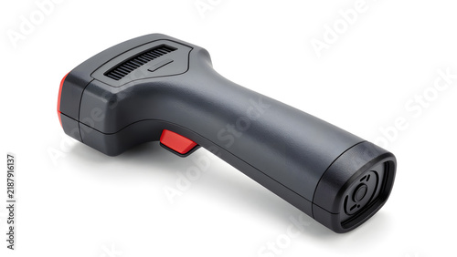Modern handheld barcode scanner isolated on a clean white background.
