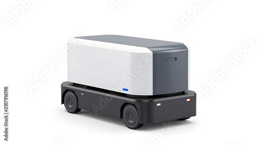 Modern autonomous delivery robot isolated on a white background for logistics and warehouse automation.