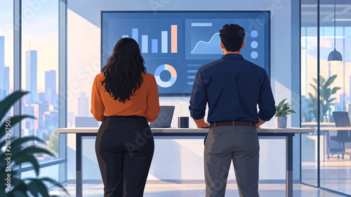 Flat Illustration of Team From Behind Reviewing Office Dashboard