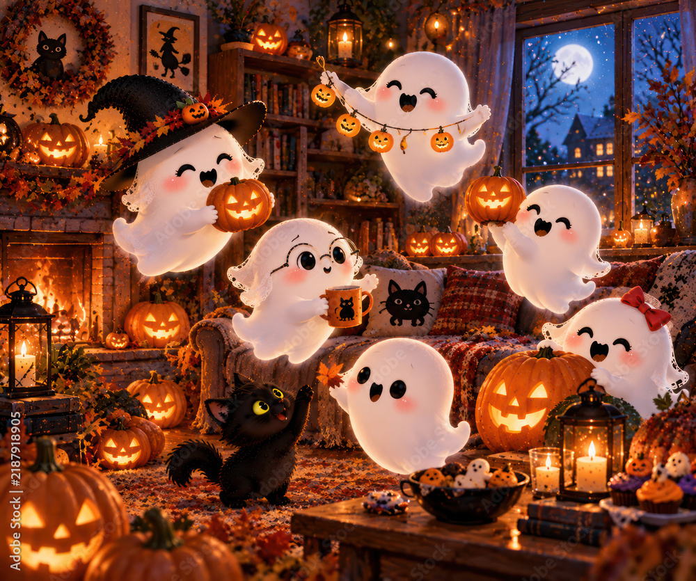 Obraz premium Cute Ghost Friends Decorating Cozy Halloween Home with Glowing Jack O Lanterns