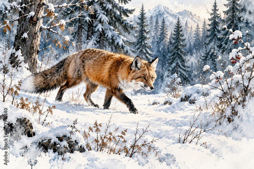 Fototapeta premium Red Fox Walking Through Snowy Mountain Forest, Winter Wildlife Watercolor Illustration