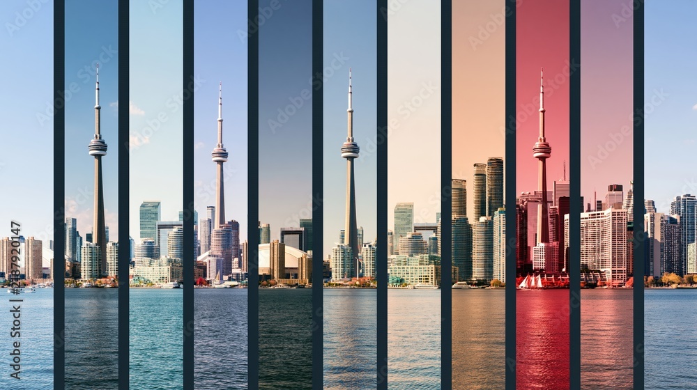 Obraz premium Toronto skyline with CN Tower divided into colorful